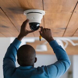 Technicien installant une caméra de surveillance